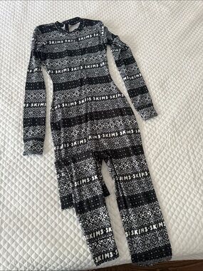 SKIMS Black & White Fair Isle Logo Long-Sleeve Jumpsuit,brand new,size S
